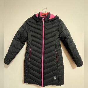 Spyder Black Pink Long Puffer Hooded Jacket